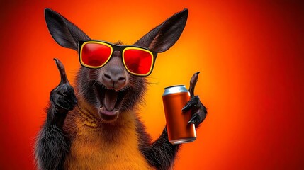 A joyful kangaroo wearing sunglasses holds a can, celebrating in a vibrant orange background