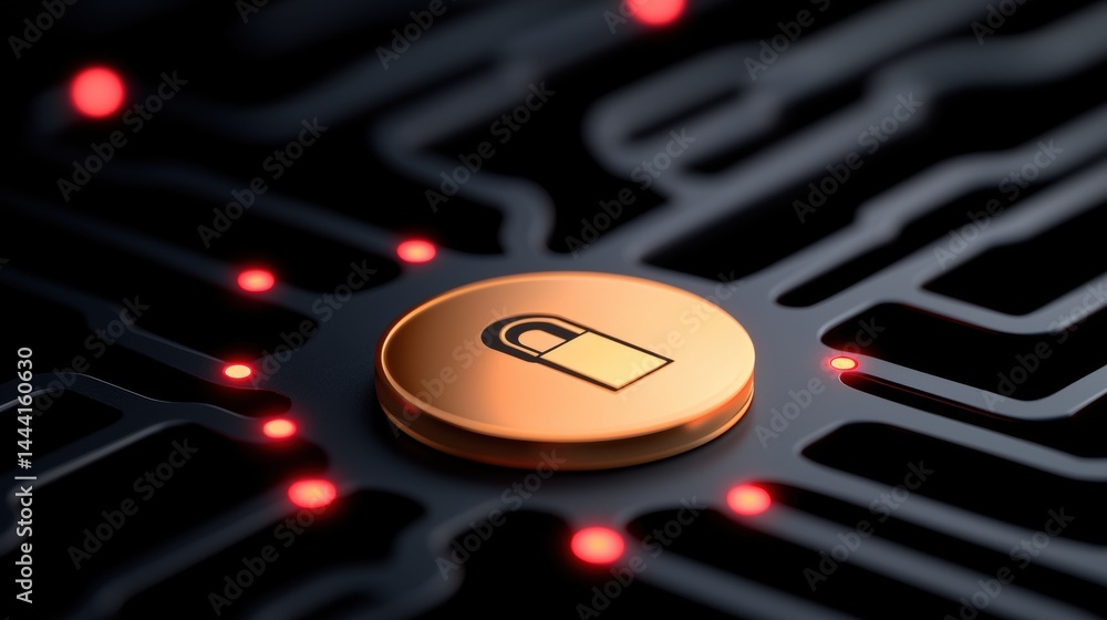 Poster a golden padlock icon sits at the center of a digital circuit, symbolizing cybersecurity and data pr