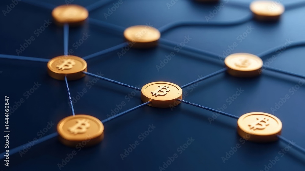 Aufkleber a network of connected gold bitcoin tokens symbolizes blockchain and cryptocurrency transactions.