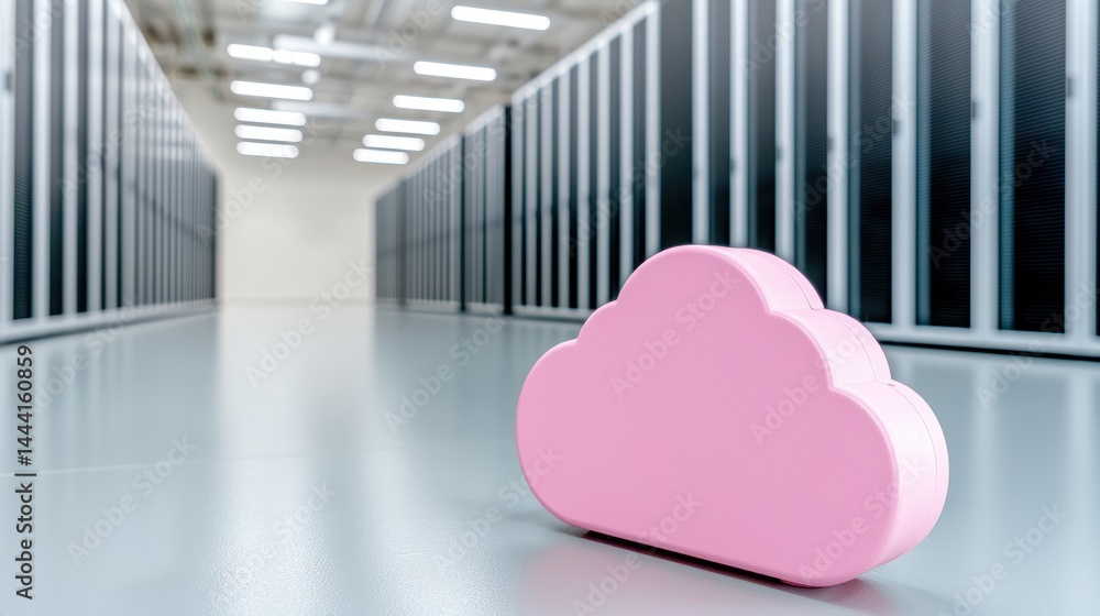 Poster a pink cloud symbol sits on the floor of a modern data center with rows of server racks in the backg