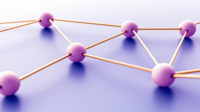 Purple spheres connected by gold rods illustrate a network or molecular structure on a smooth surface.