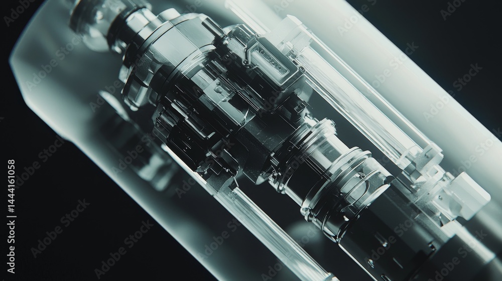 Poster close-up view of a futuristic, intricate mechanical component in a transparent casing.