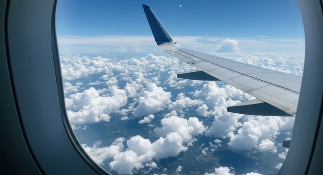 View from airplane window with clouds and airplane wing