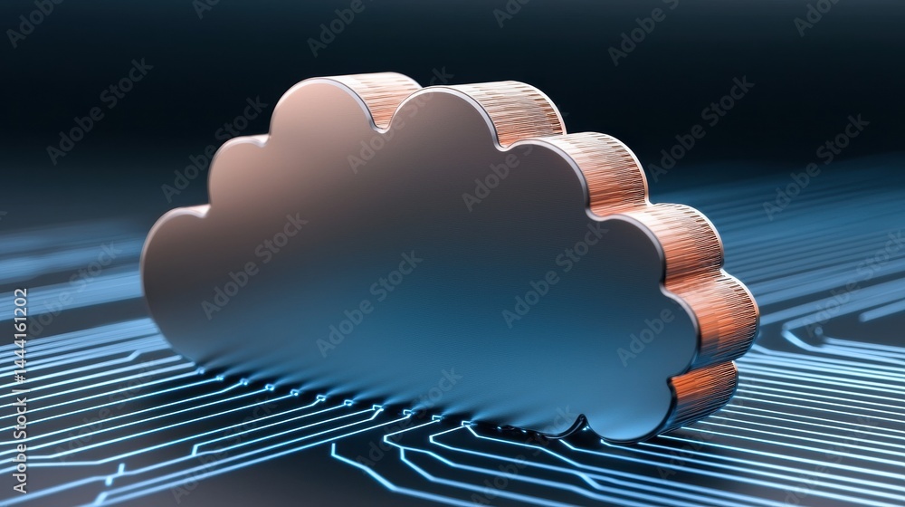 Poster a metallic cloud icon sits on a digital circuit board, symbolizing cloud computing and modern techno