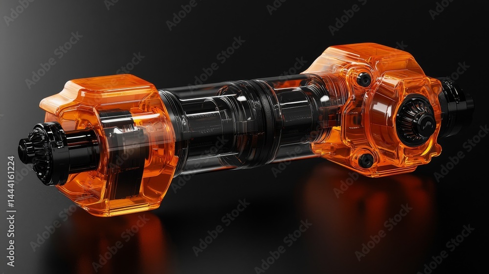 Poster close-up view of a transparent orange mechanical component on a dark background.