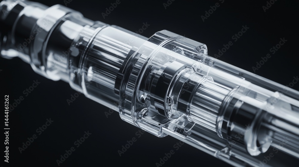 Aufkleber close-up view of a transparent technological component against a dark background.