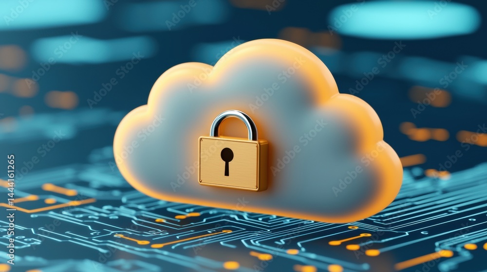 Poster a cloud-shaped icon with a padlock symbolizes cloud security over a digital circuit board background