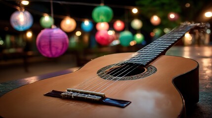 Fototapeta premium Acoustic guitar in focus with soft lantern glow, evoking warmth and artistic harmony 