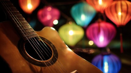 Naklejka premium Acoustic guitar in focus with soft lantern glow, evoking warmth and artistic harmony 