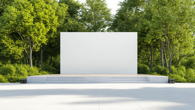 Mockup of outdoor stage featuring large blank screen surrounded by lush greenery, perfect for events and presentations