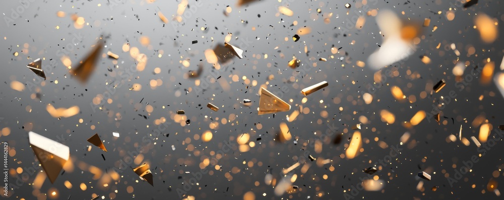Poster dynamic explosion of golden particles against a dark backdrop, creating a vibrant effect.