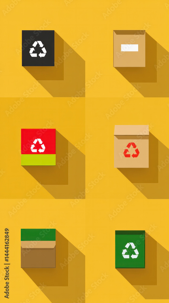 Poster a series of six boxes with different colored lids, each with a different recycling symbol. the boxes