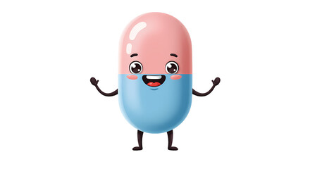 A cartoon medicine capsule character stands with arms outstretched, a cheerful expression on its face. Pill is split with pink and blue.