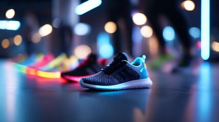 Futuristic sportswear presentation featuring athletic shoes and neon lighting