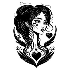 Elegant monochrome portrait of a woman adorned with symbolic heart and wing motifs