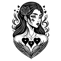 Elegant monochromatic stylized portrait of a woman with hearts and floral details