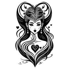 Stylized Heart Queen: Elegant Monochromatic Female Portrait with Heart Motifs