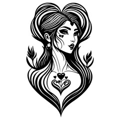 Monochrome Portrait of an Elegant Woman with Intricate Hair and Heart Motifs