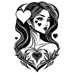 Elegant Valentine's Portrait: An Enchanting Girl with Heart Accents in Black and White
