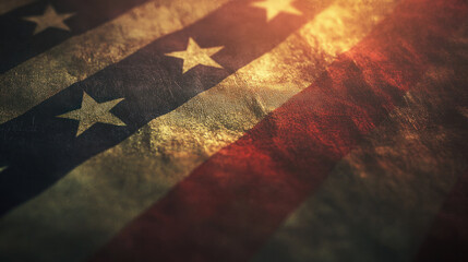 A close up of a flag with stars on it. The flag is faded and worn, giving it a vintage and nostalgic feel