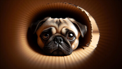 A close-up of a fawn-colored pug puppy peering out of a cardboard box.