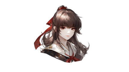 Portrait of a Young Woman with Long Brown Hair and a Red Ribbon, Wearing Traditional Clothing and an Intense Gaze, Beautiful Artistic Representation