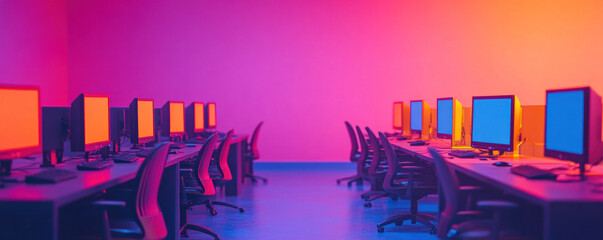 A row of computer workstations with orange and yellow monitors. The room is brightly lit and the walls are painted in a bright color. The chairs are black and the desks are made of wood