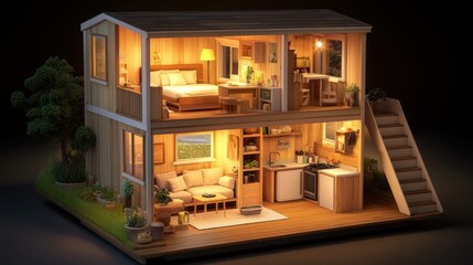 A meticulously detailed illuminated miniature two-story house showcasing a fully furnished interior with outdoor space and charming interior design elements