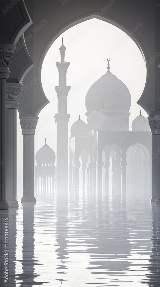 Poster ethereal view of grand architecture reflected in tranquil water under soft light.
