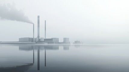 Obraz premium Foggy industrial landscape with smokestacks reflected in still water.