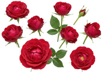 A collection of vibrant red roses in various stages of bloom isolated on a white background studio shot