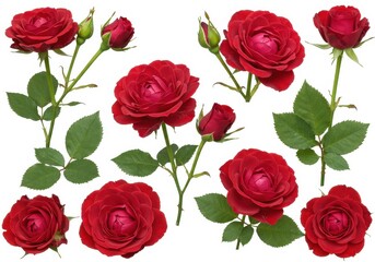 A collection of red roses and rosebuds with green leaves isolated on a plain white background surface