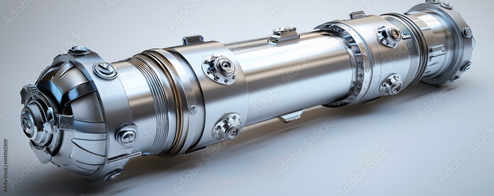 Poster futuristic metallic device with intricate details and sleek design for innovative concepts.