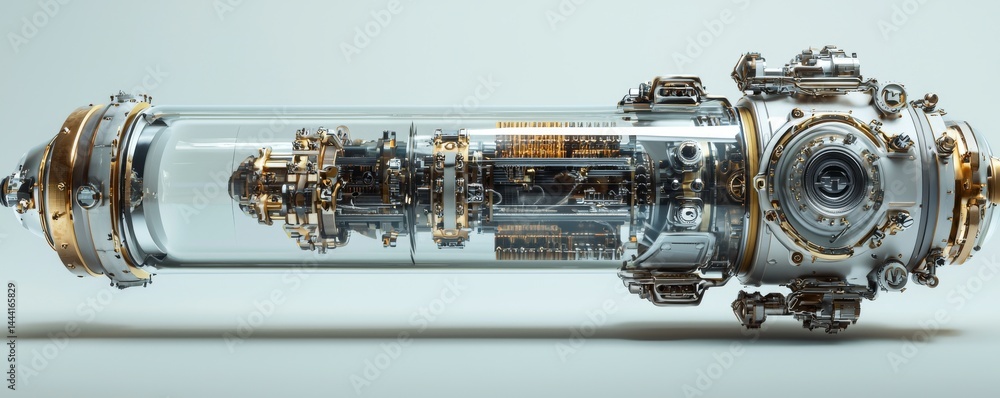 Poster futuristic mechanical device showcasing intricate designs and advanced engineering.