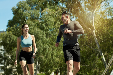 Fitness, man and woman in park for training, wellness and endurance exercise. Athlete, couple and...