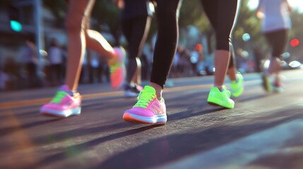Neon runners participating in city marathon with colorful athletic footwear