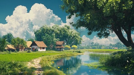Green Trees And Houses. Beautiful Rural Indian Village Scene with Nature and Paddy Fields