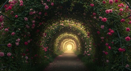 A magical trellis tunnel covered in climbing roses and ivy