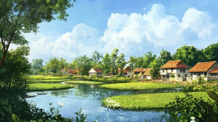 Obraz premium Green Trees And Houses: A Natural and Beautiful Village Scene with Fields and Rivers
