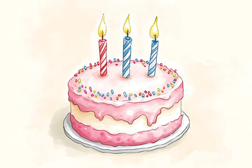 Watercolor Birthday Cake with Candles and Sprinkles for Celebration or Party Invitations