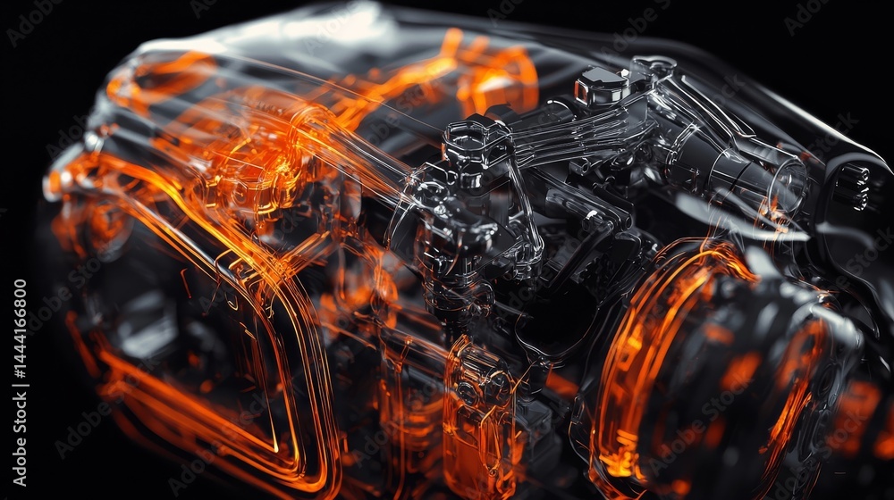 Poster high-tech engine design showcasing intricate inner workings with glowing details.