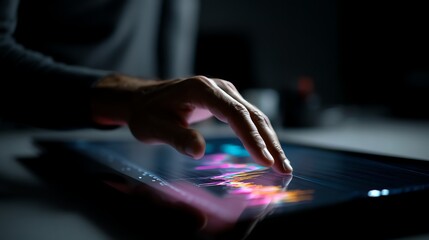 A futuristic analyst commands vibrant holographic stock charts in a dimly lit modern office, the interface's glow casting sharp highlights, cinematic and sophisticated.