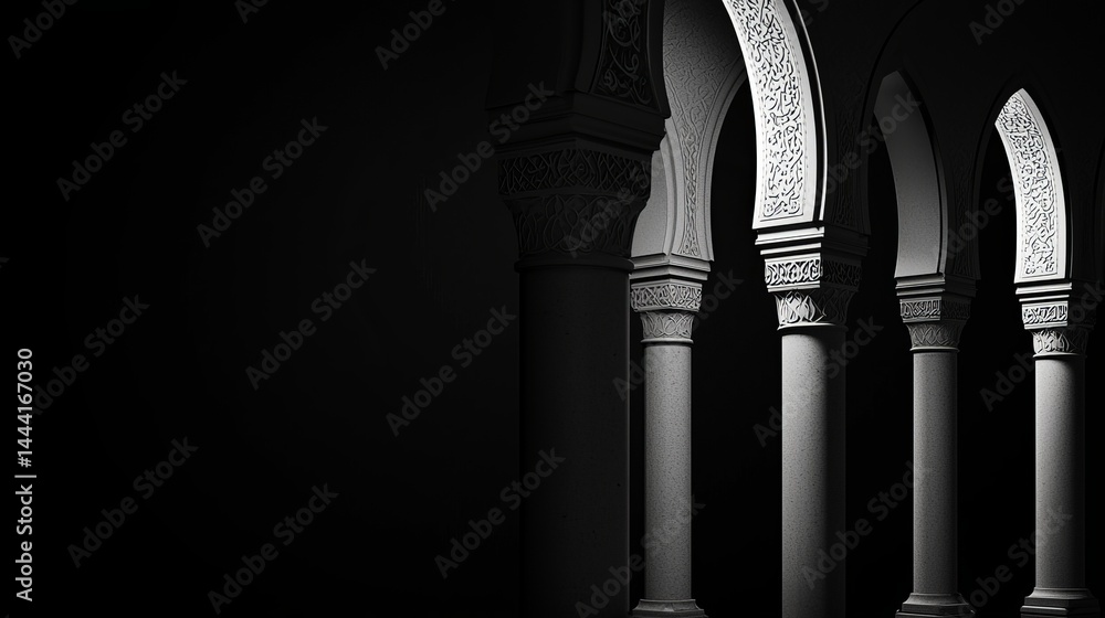 Poster intricate arches and columns in a dark space, showcasing architectural elegance.