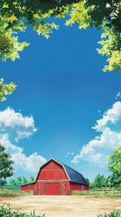 Obraz premium Bright blue clear sky with white fluffy clouds overhead surrounded by lush green trees with vibrant foliage and a picturesque red barn with blue roof in a rural farm setting