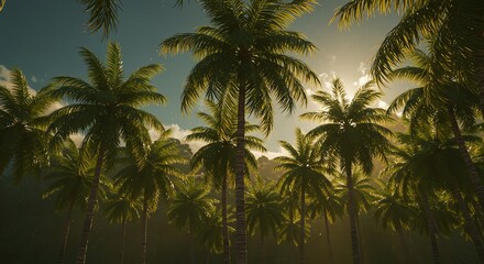 Fototapeta premium Looking Up at Lush Palm Trees in Tropical Setting with Warm Sunlight