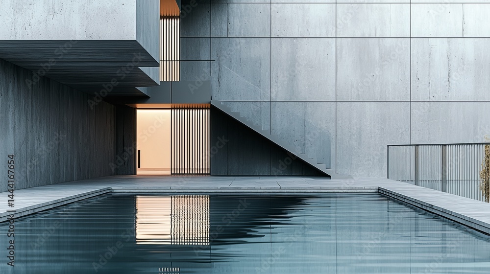 Poster modern architectural design featuring a sleek pool and minimalist lines.