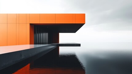 Fototapeta premium Modern architectural structure with bold orange accents and serene water reflections.