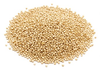 A close up shot showing a pile of quinoa seeds on a white background in a studio setting for food photography