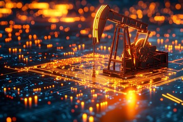 Oil and gas industry digital twin technology illustration with an oil pump in a holographic style on top of a computer screen displaying data charts