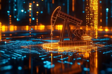 Oil and gas industry digital twin technology illustration with an oil pump in a holographic style on top of a computer screen displaying data charts